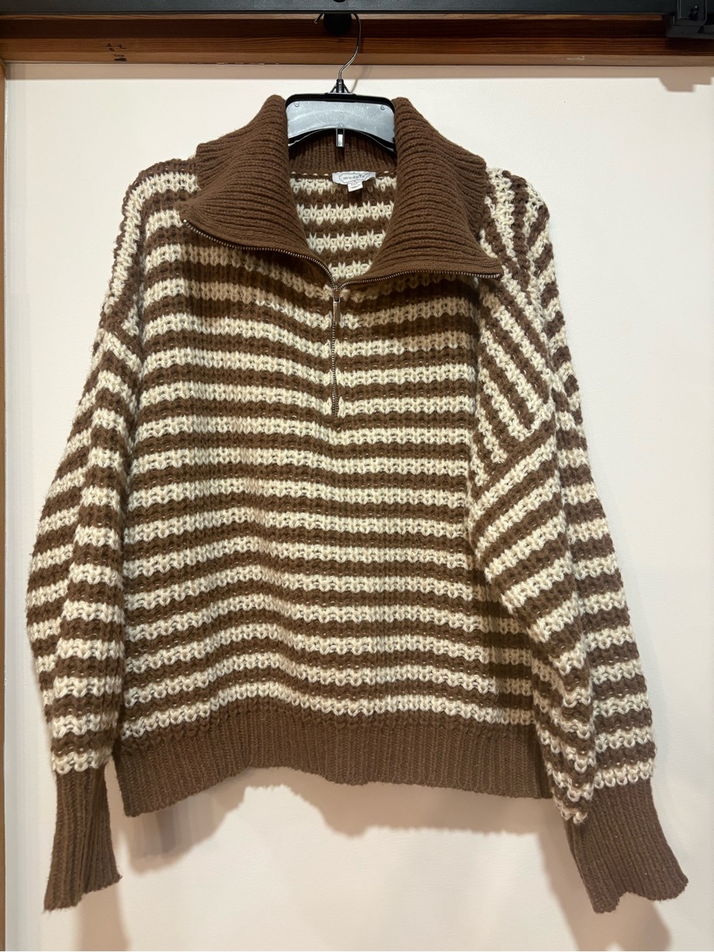 Mud Pie Brown & Cream Striped Half-Zip Funnel Sweater